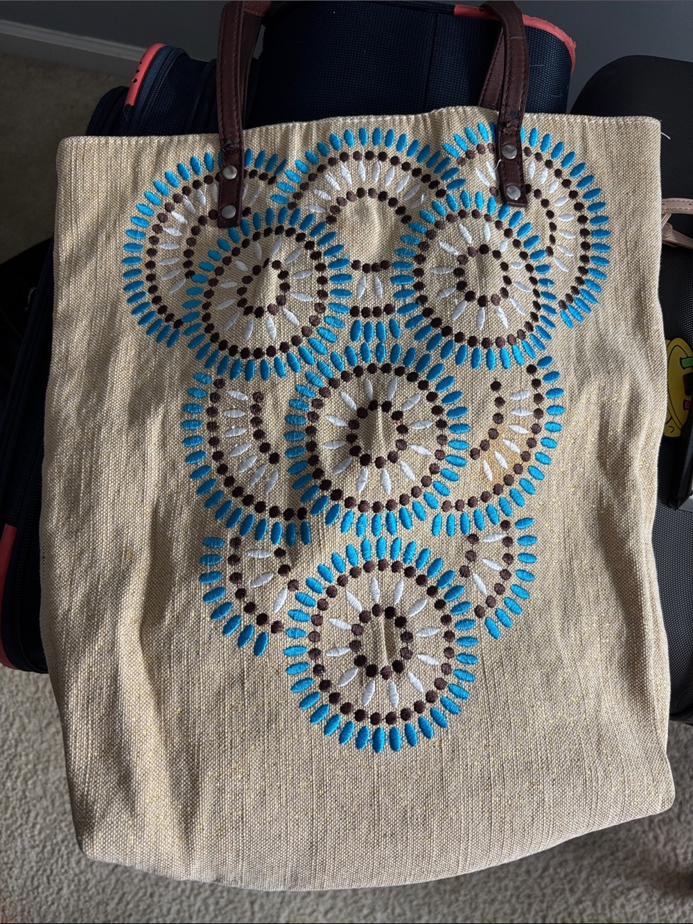 Calypso St. Barth Beige Tote with Turquoise and Brown Embroidery